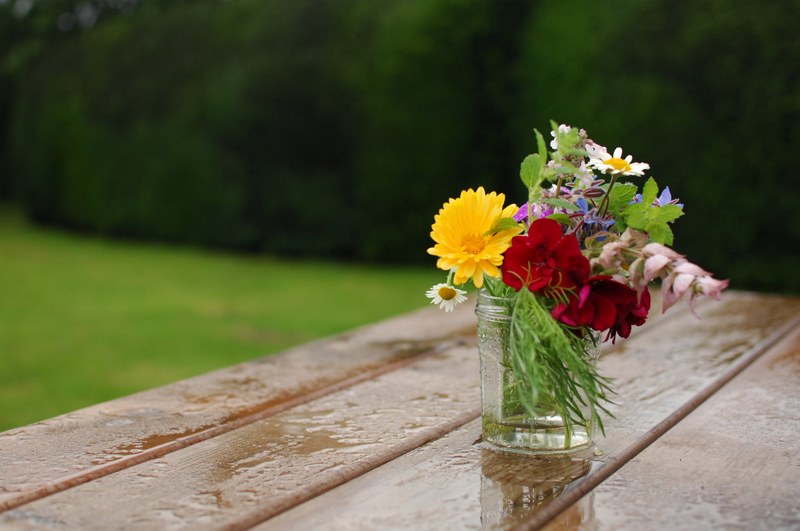 a small vase with various types of colorful flowers on a wet wooden surface outdoors, summer fete 4k