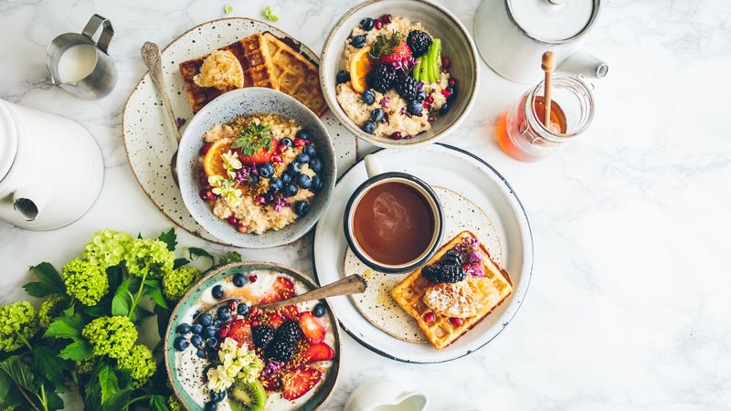 breakfast, porridge, waffles, fruit, 4k