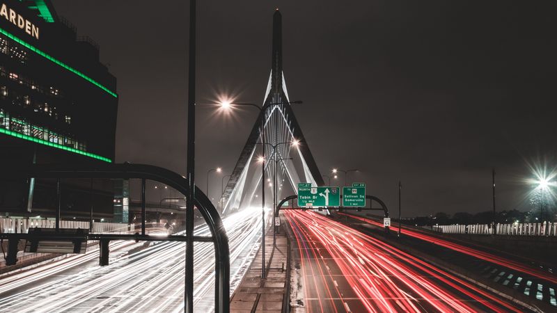 road, route, bridge, marking, night, 4k