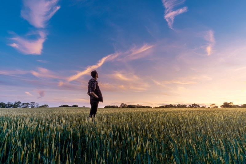 a guy standing in a field outside looking up at the sunset in wooburn green, we are small 4k