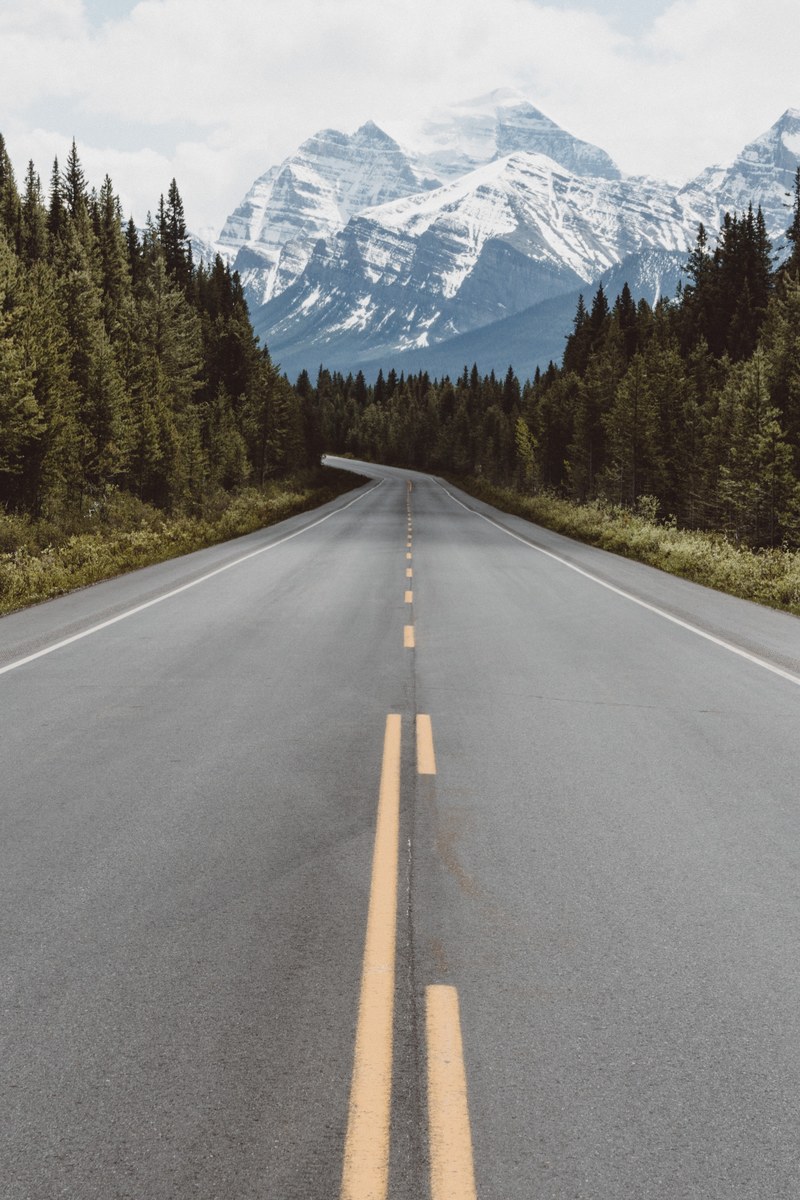 an tree lined asphalt road with snow capped mountains in the distance, snow covered mountains over an empty road 4k