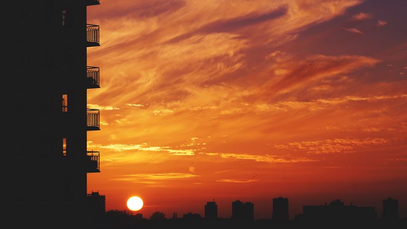 balcony, sunset, sky, skyline, city, 4k
