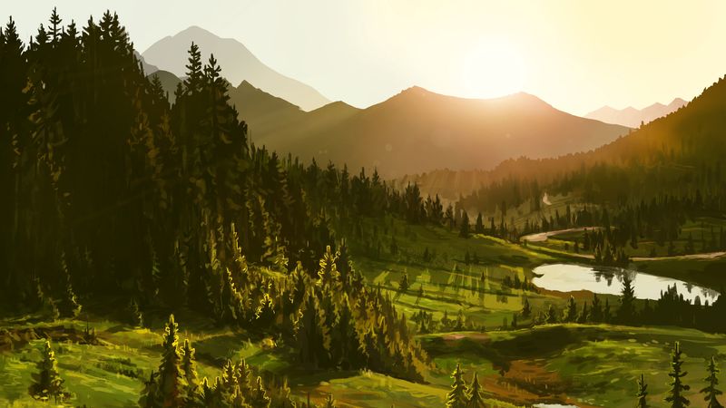 mountains, sun, forest, art, 4k