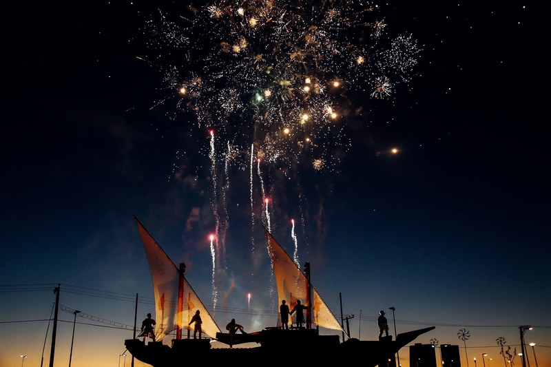 silhouette of people on a pirate ship watching the fireworks in concepcin, people watching fireworks 4k