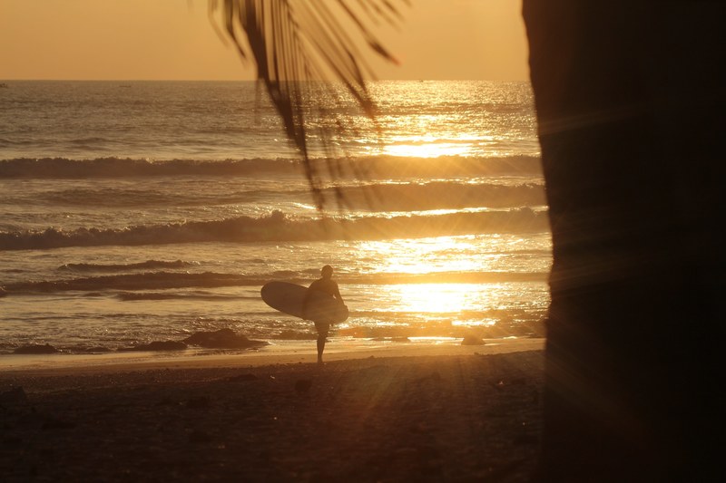 a surfer leaving the sea at sunset carrying his board as the sun sets in the distance behind, surfer carrying his board at sunset 4k