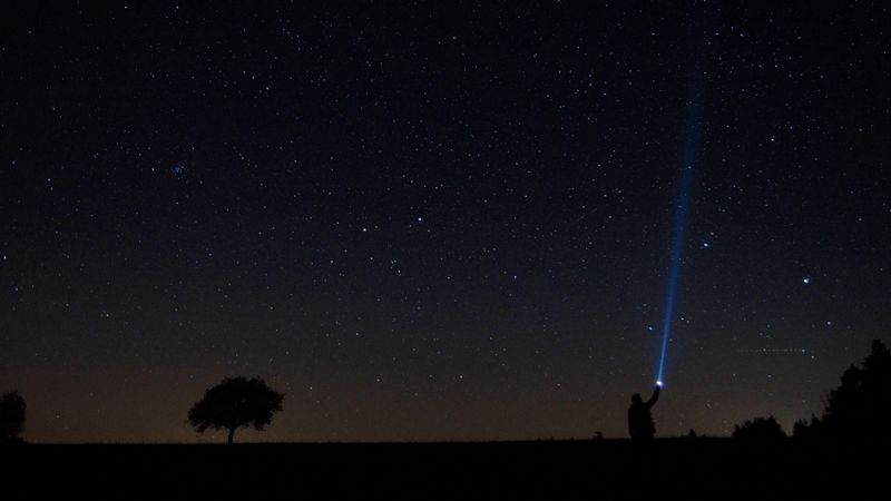 starry sky, man, lantern, night, 4k