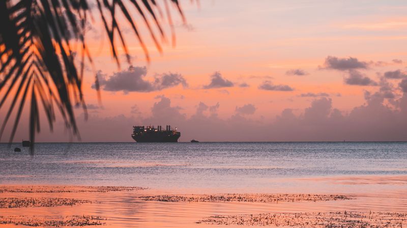 ship, sea, sunset, shore, 4k