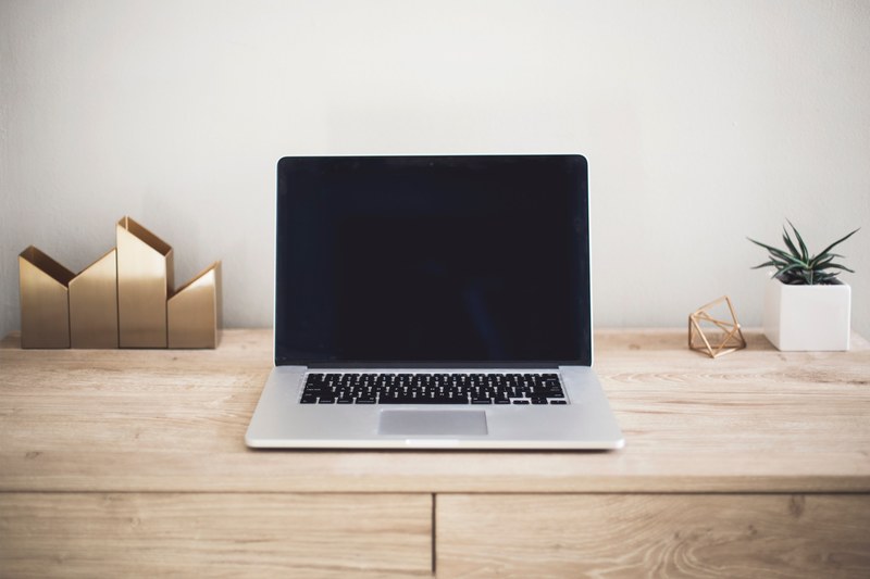 a minimal workspace with a laptop a potted plant and small sculptures, neat desktop with a laptop 4k