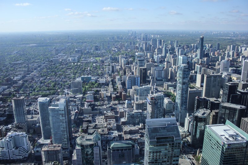 the skyline of toronto seen from the observation deck of cn tower, city skyline from above 4k