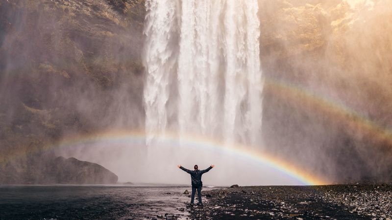 man, rainbow, waterfall, freedom, 4k