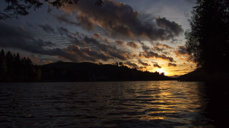 sunset, water, river, glare, 4k