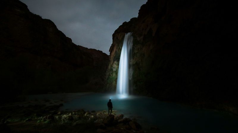 waterfall, night, man, river, 4k