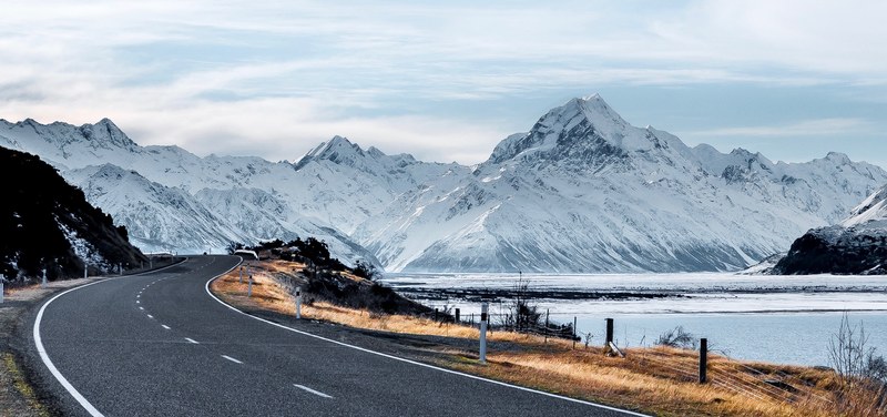 road mountain snowy mountain and landscape 4k