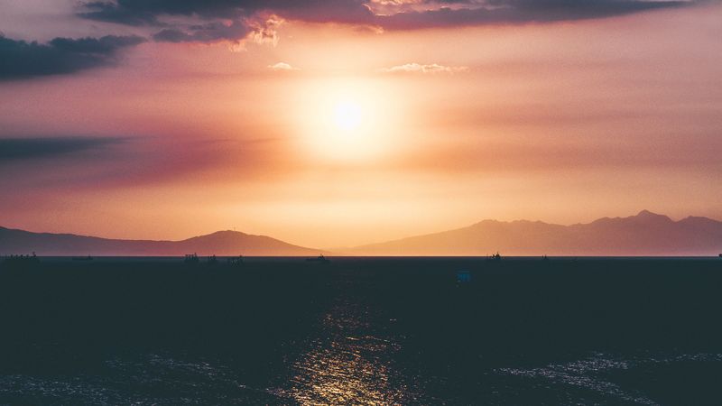 sunset, skyline, sea, sky, 4k