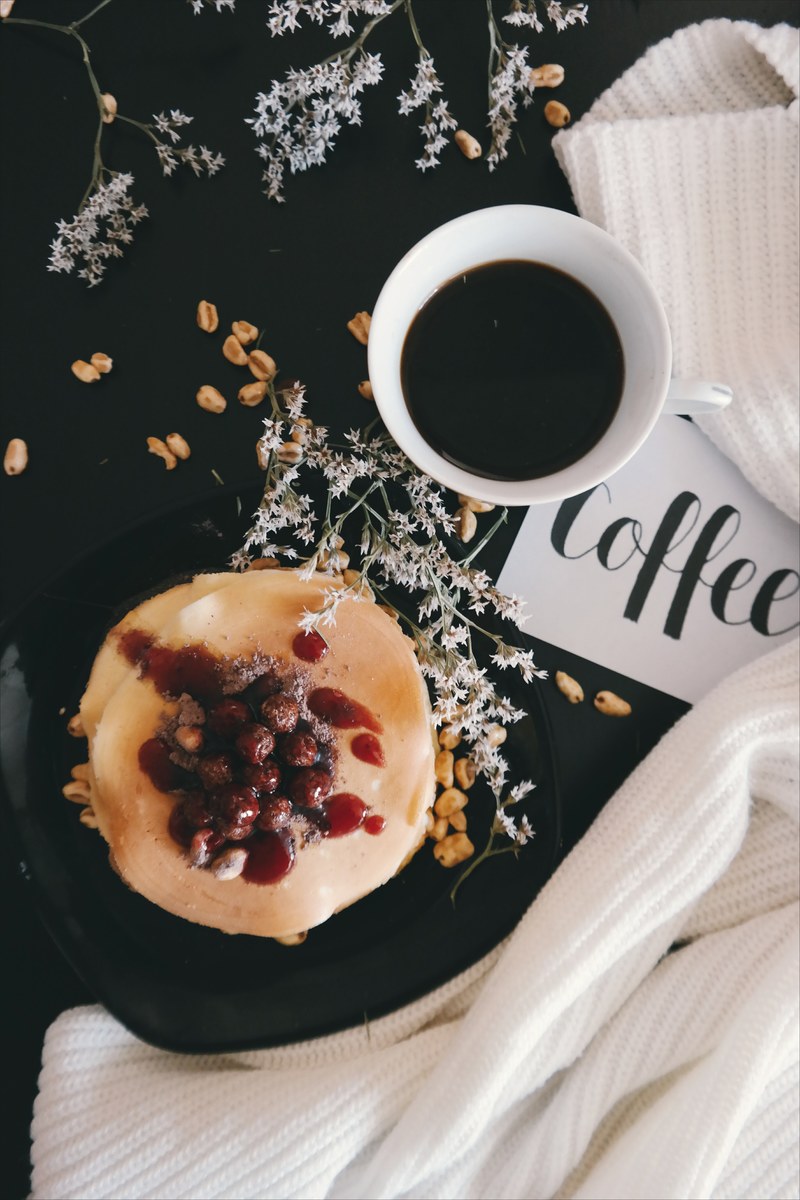 a plate of food with a cup of coffee, _coffee fruit pancakes 4k