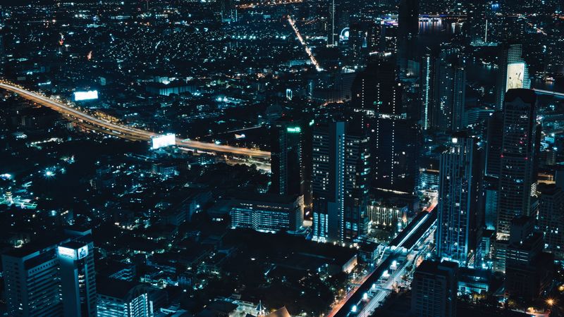 city, aerial view, night, lights, 4k