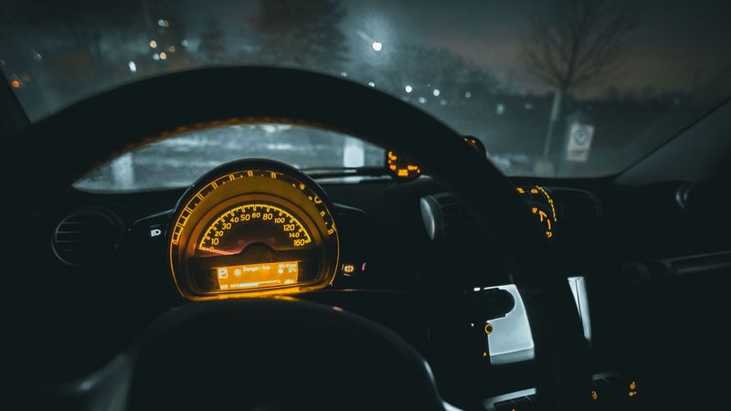 speedometer, car, steering wheel, night, 4k