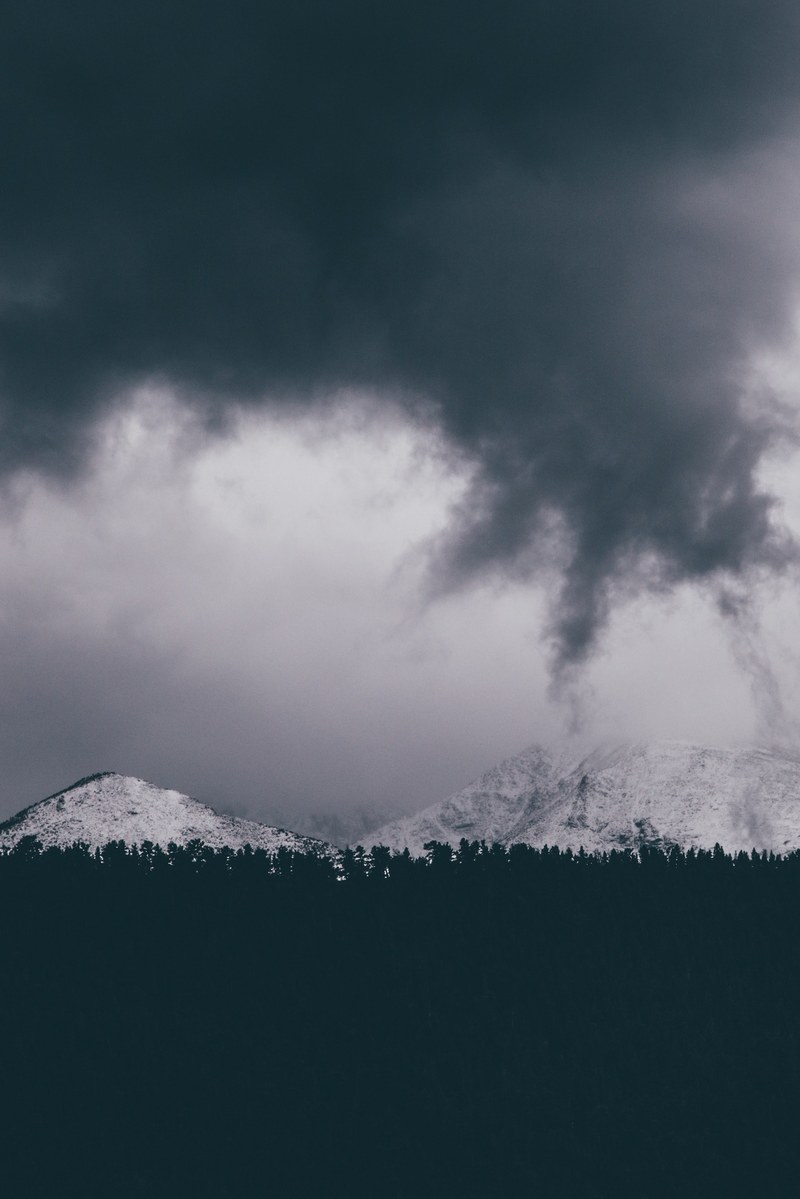 a bleak shot of white mountains over a dark treeline on a cloudy day, reaching fingers 4k