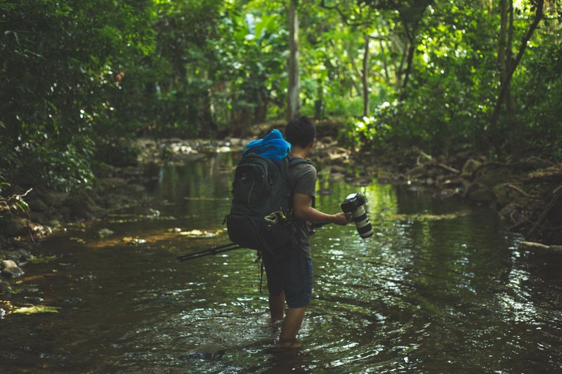 a man holding a camera while wading through a river in a forest in honolua bay, whatever it takes to get the perfect shot 4k