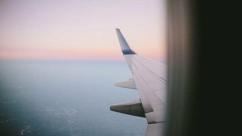airplane wing, porthole, sky, 4k