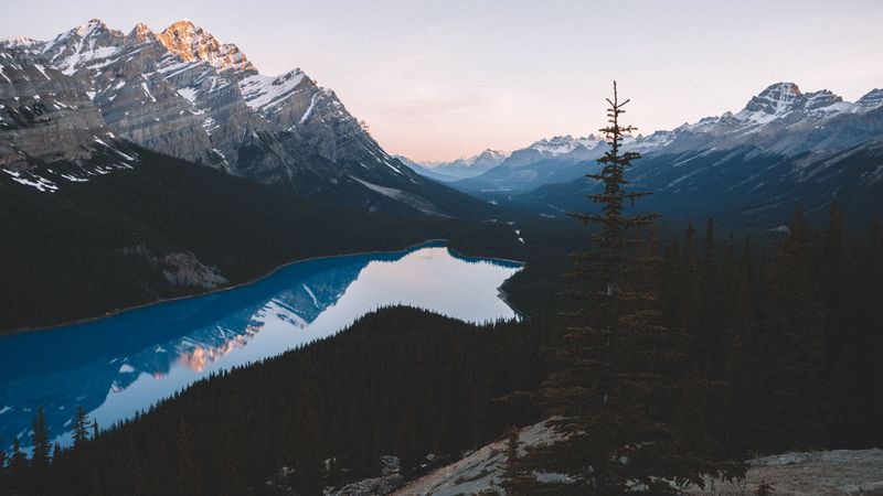 lake, mountains, trees, sky, 4k