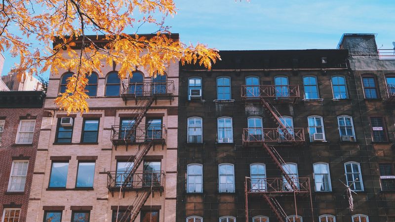 building, windows, stairs, facade, autumn, 4k