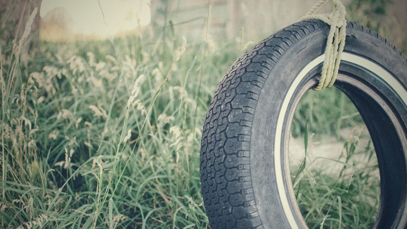 tire, rope, grass, 4k