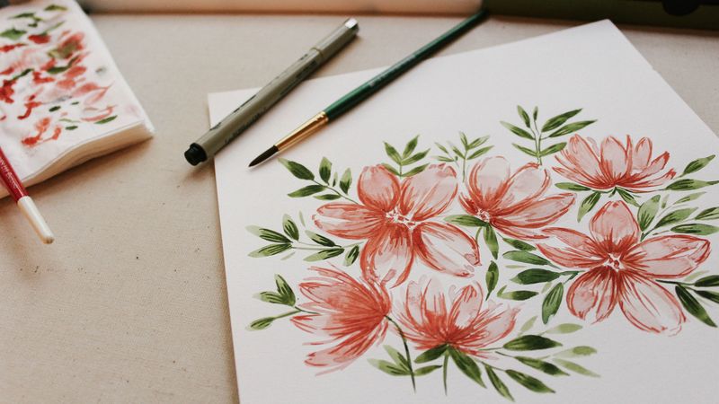 drawing, flowers, paints, brushes, 4k