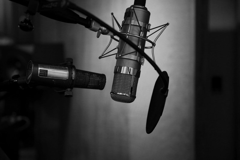 a black and white shot of a microphone in a recording studio, sm7 vs the flea 4k