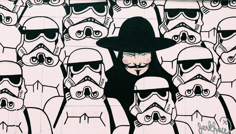anonymous guy fawkes from v from vendetta figure amongst group of star wars stormtroopers in new york texas united states, storm trooper street art 4k