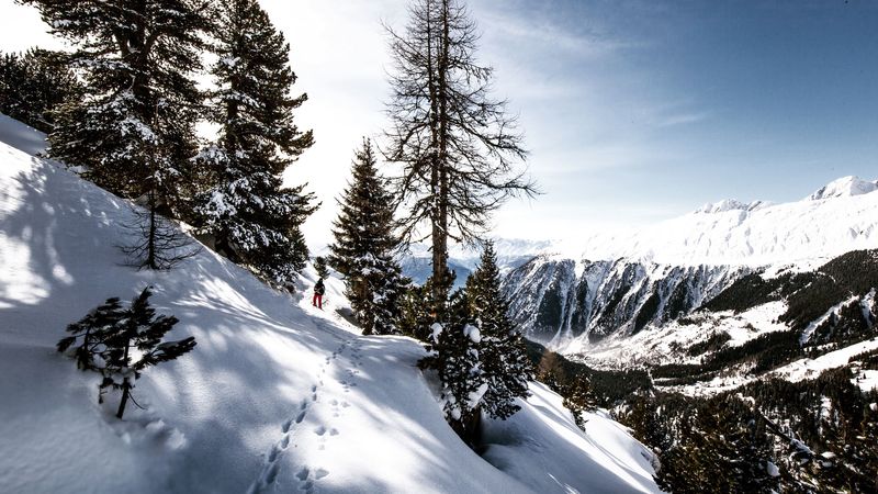 skier, mountains, snow, traces, 4k