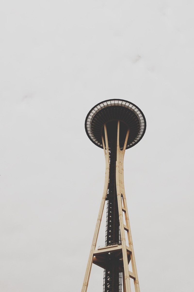 the space needle observation tower in seattle against a white sky, space needle 4k