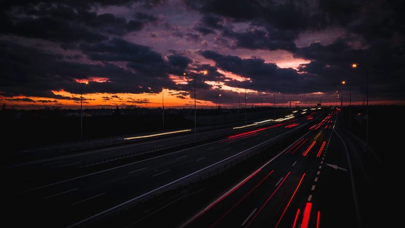 night city, road, clouds, overcast, 4k