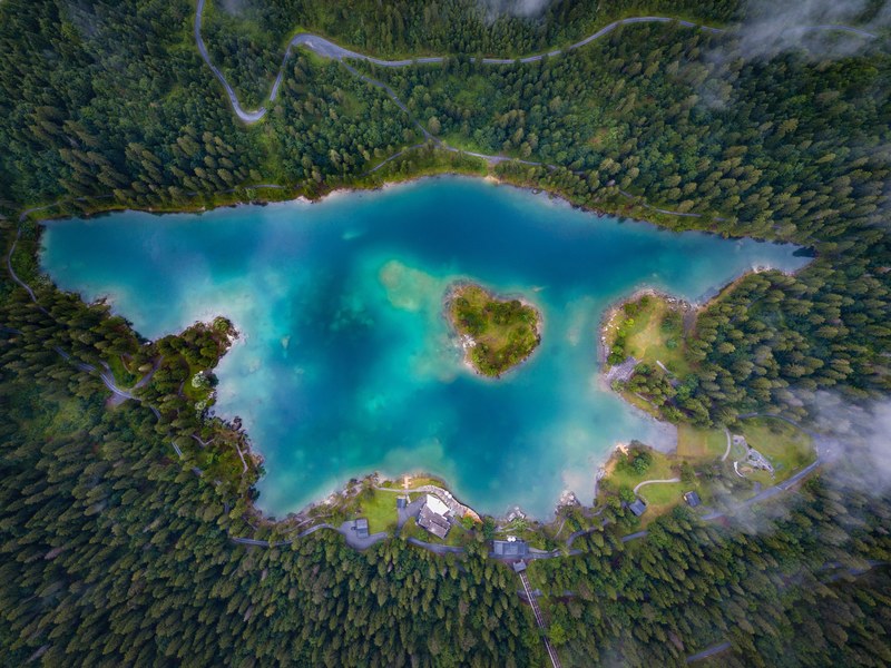 lake aerial forest and island 4k