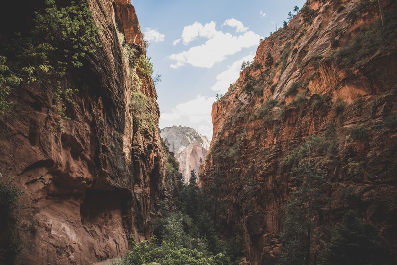 rocky mountain ridges form a lush valley below in angels landing, geological beauty 4k
