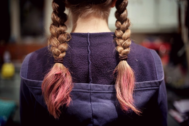 standing behind a girl whose hair is in braided pigtails with pink ends, braided pigtails 4k