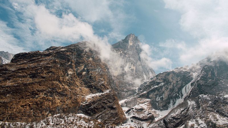mountain landscape, peaks, fog, snow covered, 4k