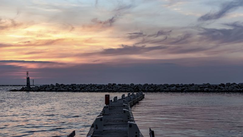pier, sea, stones, horizon, 4k