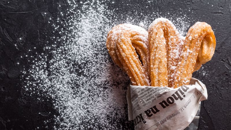 churro, baking, powdered sugar, 4k