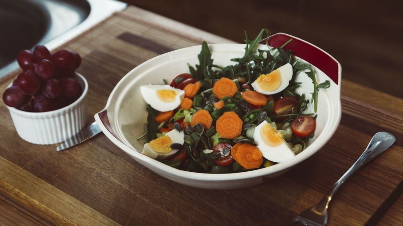 salad, vegetables, eggs, carrots, dinner, 4k