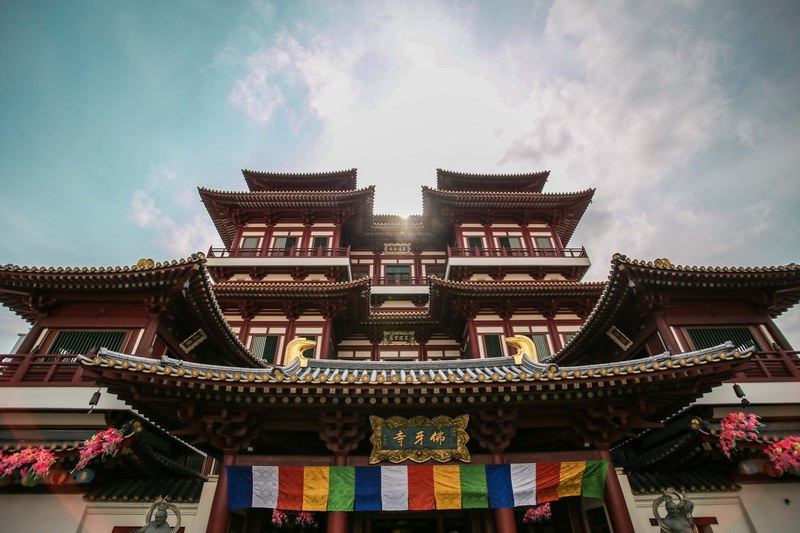 asian building with traditional architecture, building in singapore 4k