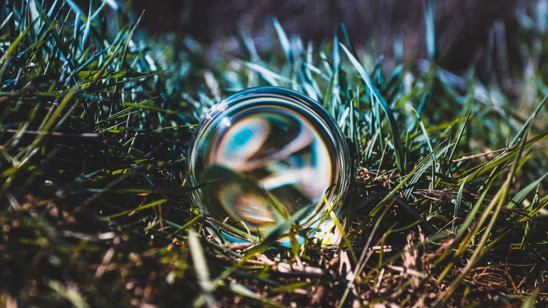 ball, glass, grass, close-up, 4k