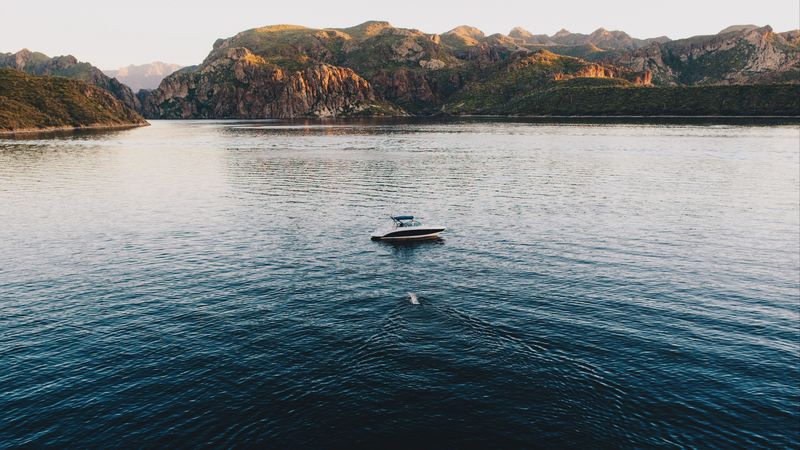 boat, lake, sea, mountains, 4k