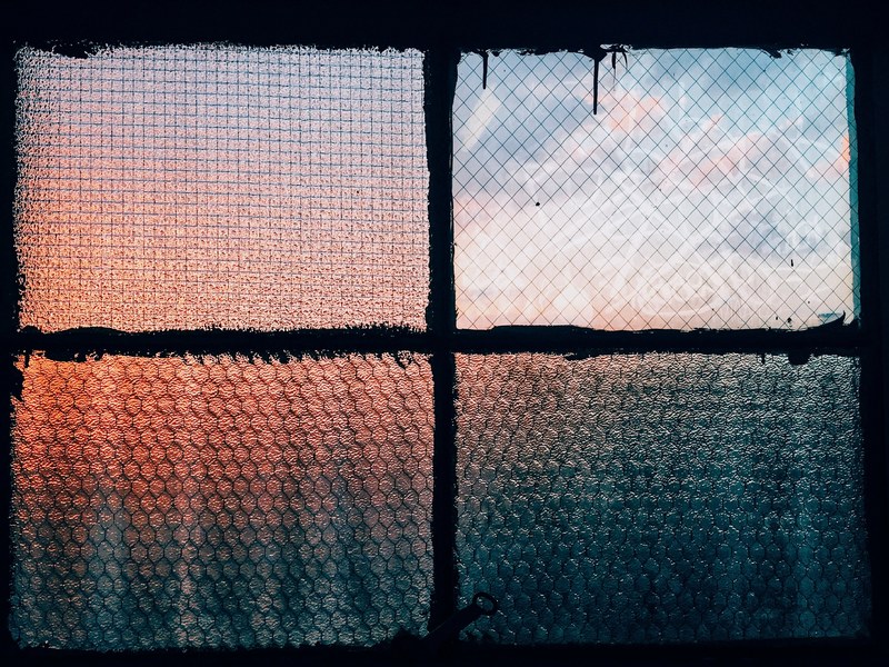 textured sunset through the frosted window panes in flatbush, window 4k
