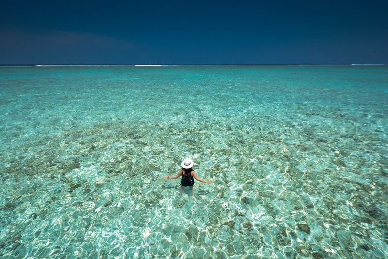 a woman in a white hat standing in clear waist high water with the sea coast stretching far into the distance, in to the blue 4k