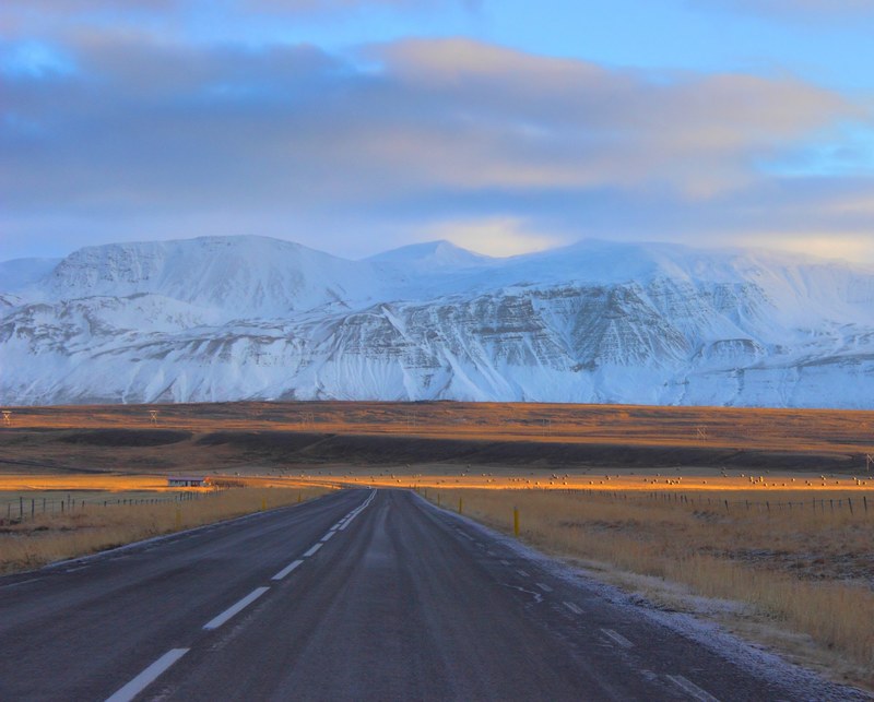 empty asphalt road surrounded by orange fields leading to a snow covered mountain, road leads to snowy mountain 4k
