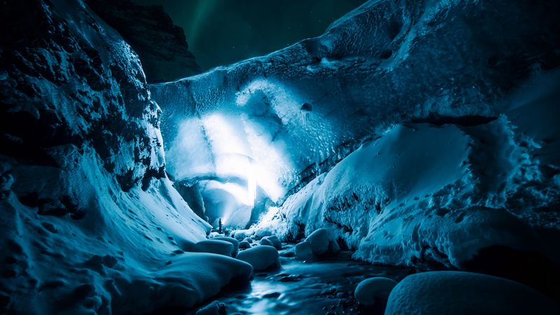 ice cave, night, ice, 4k