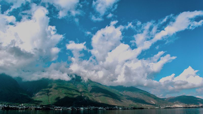 mountains, fog, lake, 4k