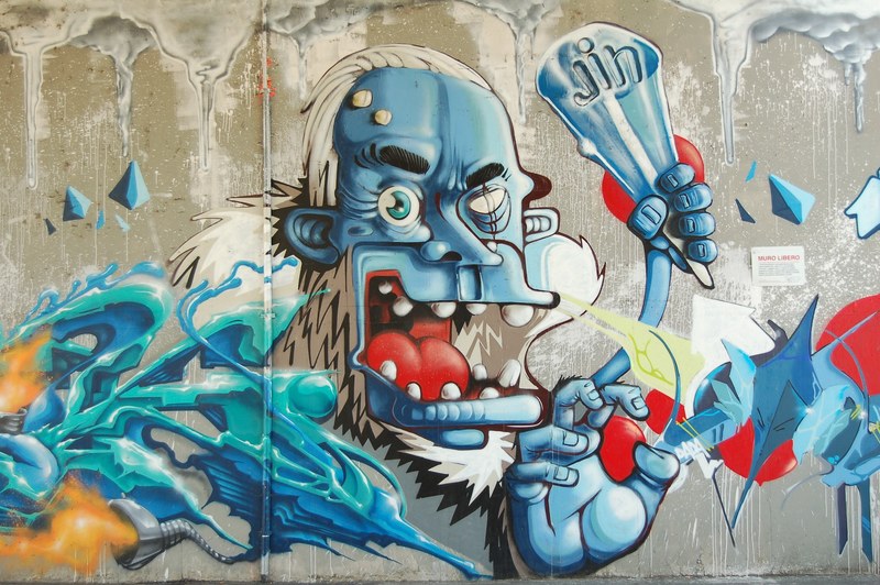 a freaky blue guy holding ice cream painted on a wall mural, _weird blue guy wall mural 4k