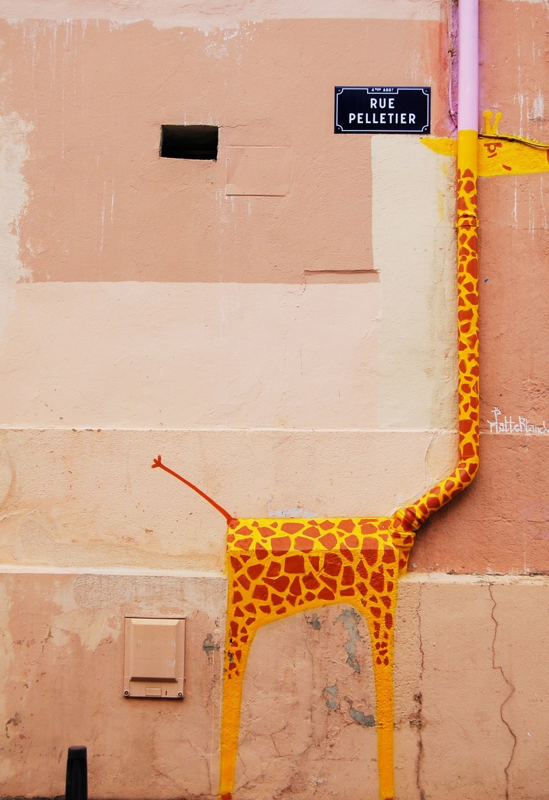 giraffe graffiti artwork painted on drainpipe with street sign wall street art in a public place, giraffe drainpipe graffiti 4k